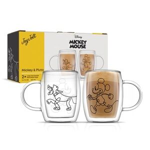 JoyJolt Disney Mickey & Pluto Double-Wall Glass Mugs | Set of 2 | 5.4 oz | NIB